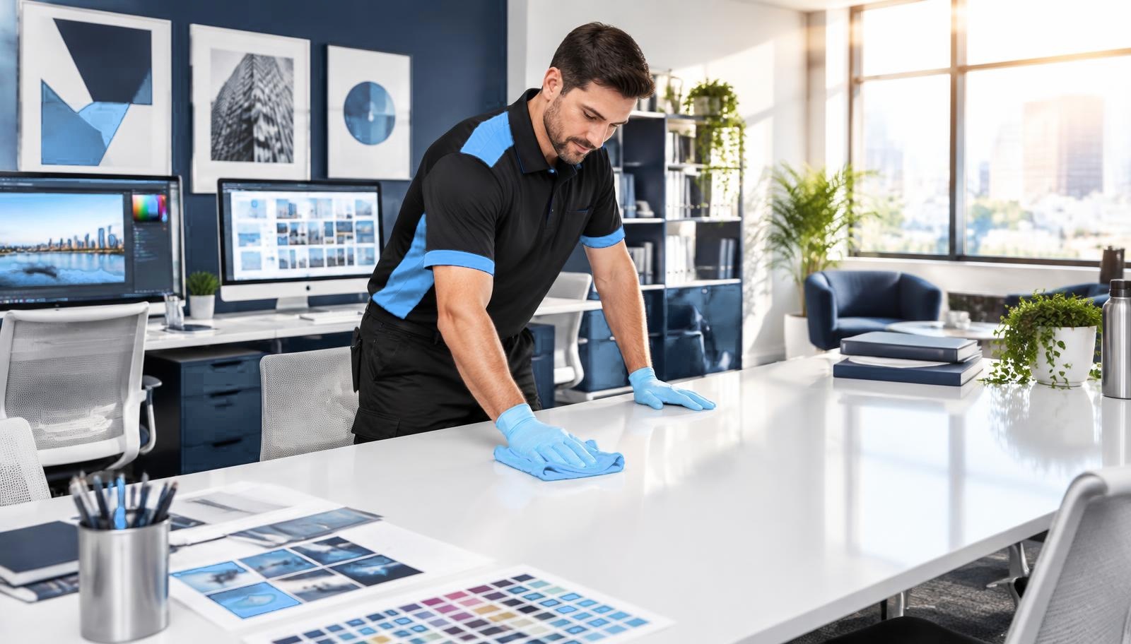 Arelli cleaner wiping a design worktable in a creative office