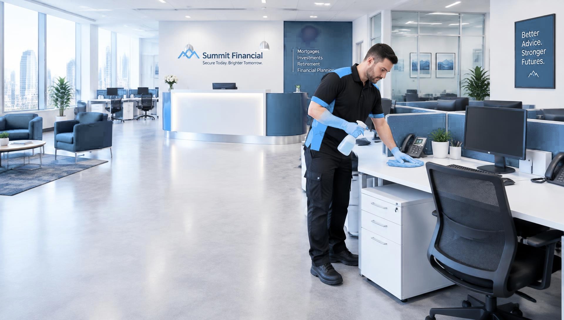 Arelli cleaner sanitizing a shared desk in a financial agency workspace