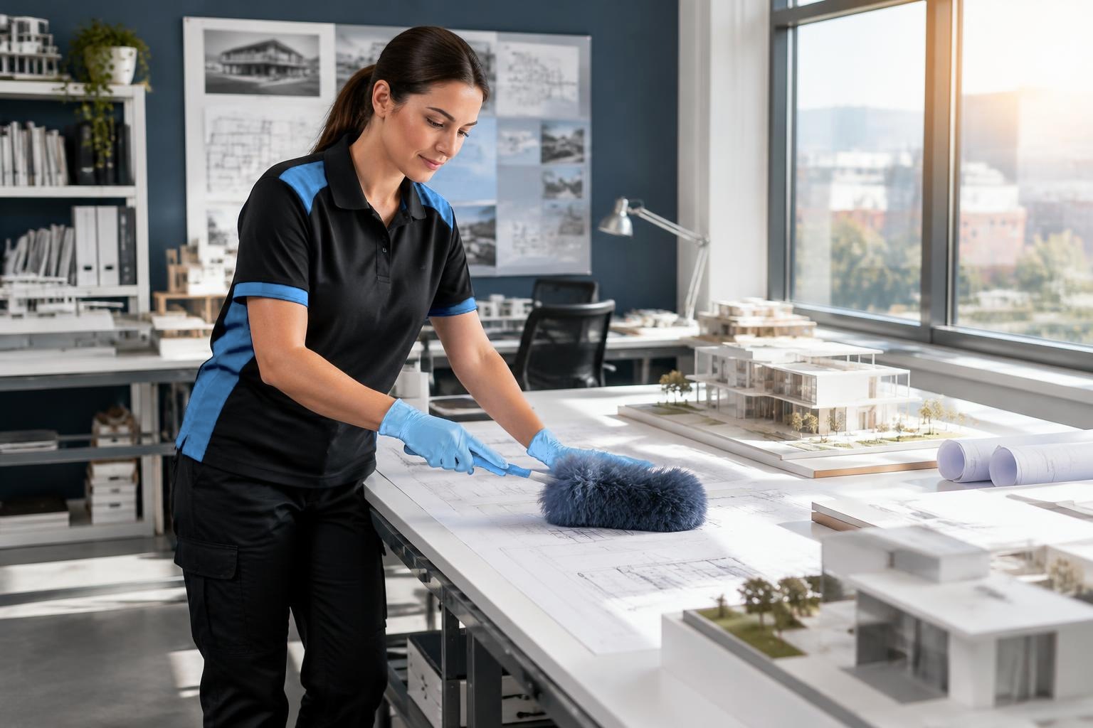 Arelli cleaner dusting a drafting table in an architecture studio