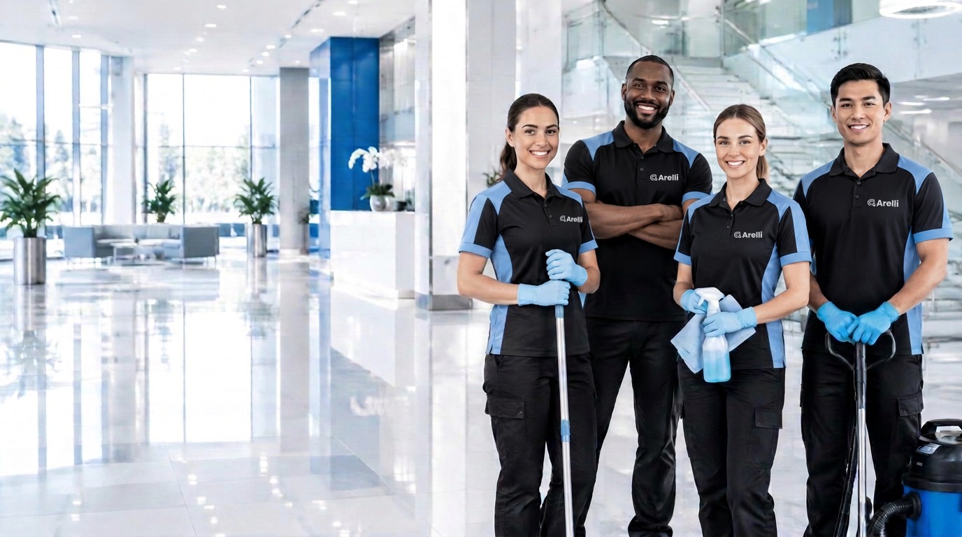 Arelli crew team in a bright lobby