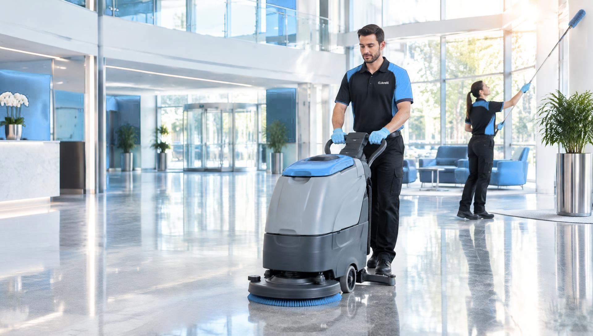 Arelli specialists scrubbing and high-dusting a bright commercial lobby