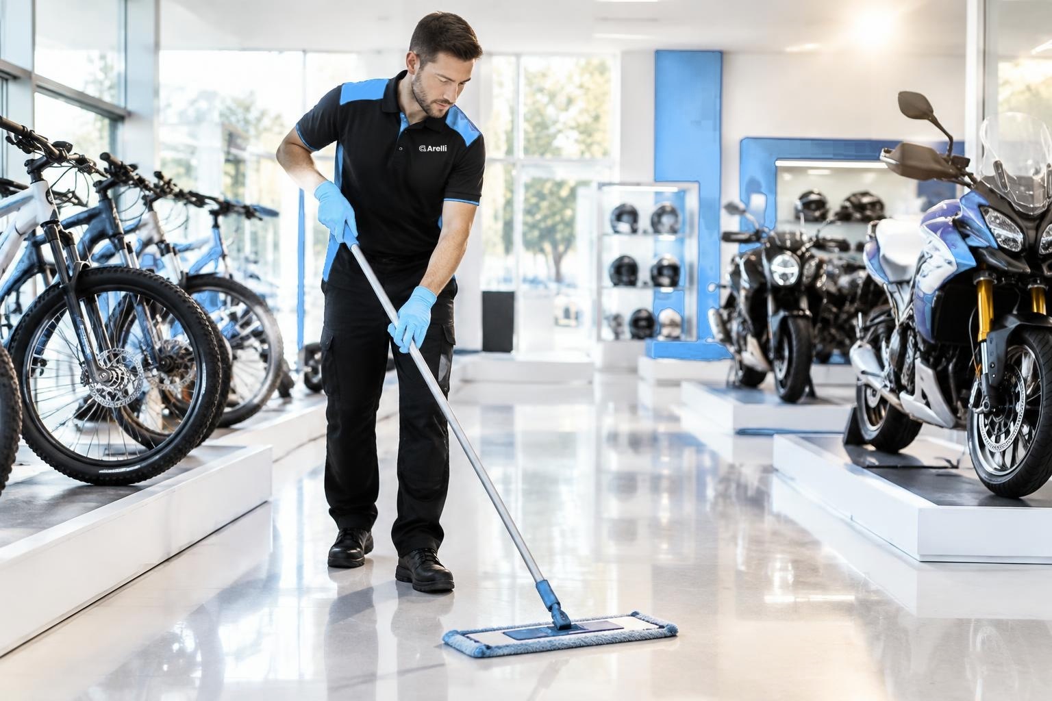 Arelli cleaner in a bright, spotless bicycle & motorcycle shops space