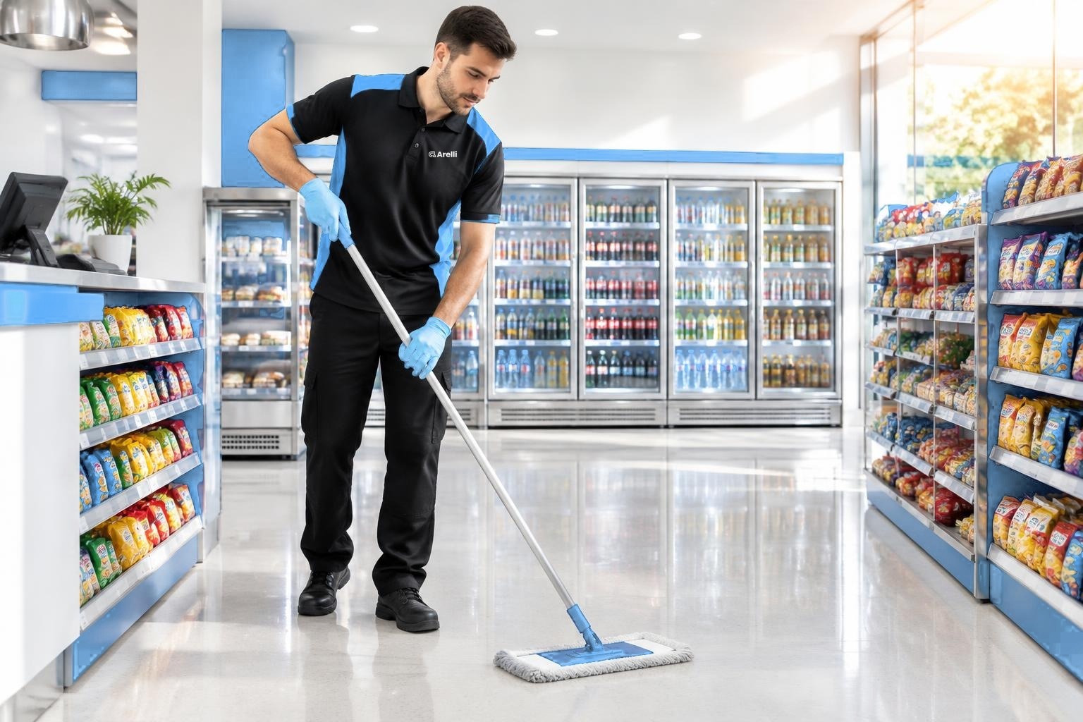 Arelli cleaner in a bright, spotless convenience stores & barber shops space