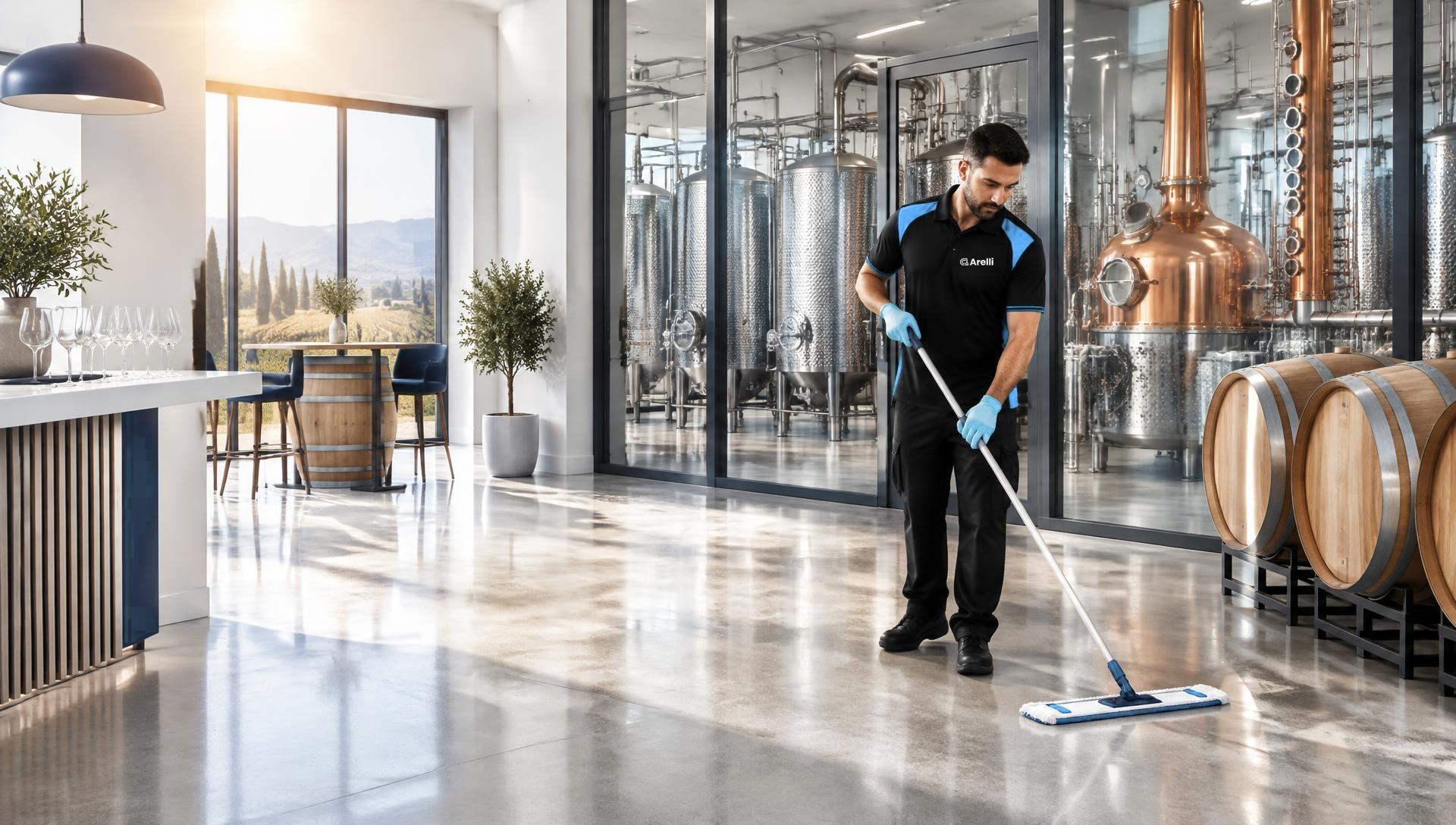 Arelli cleaner mopping a bright distillery tasting area beside copper stills