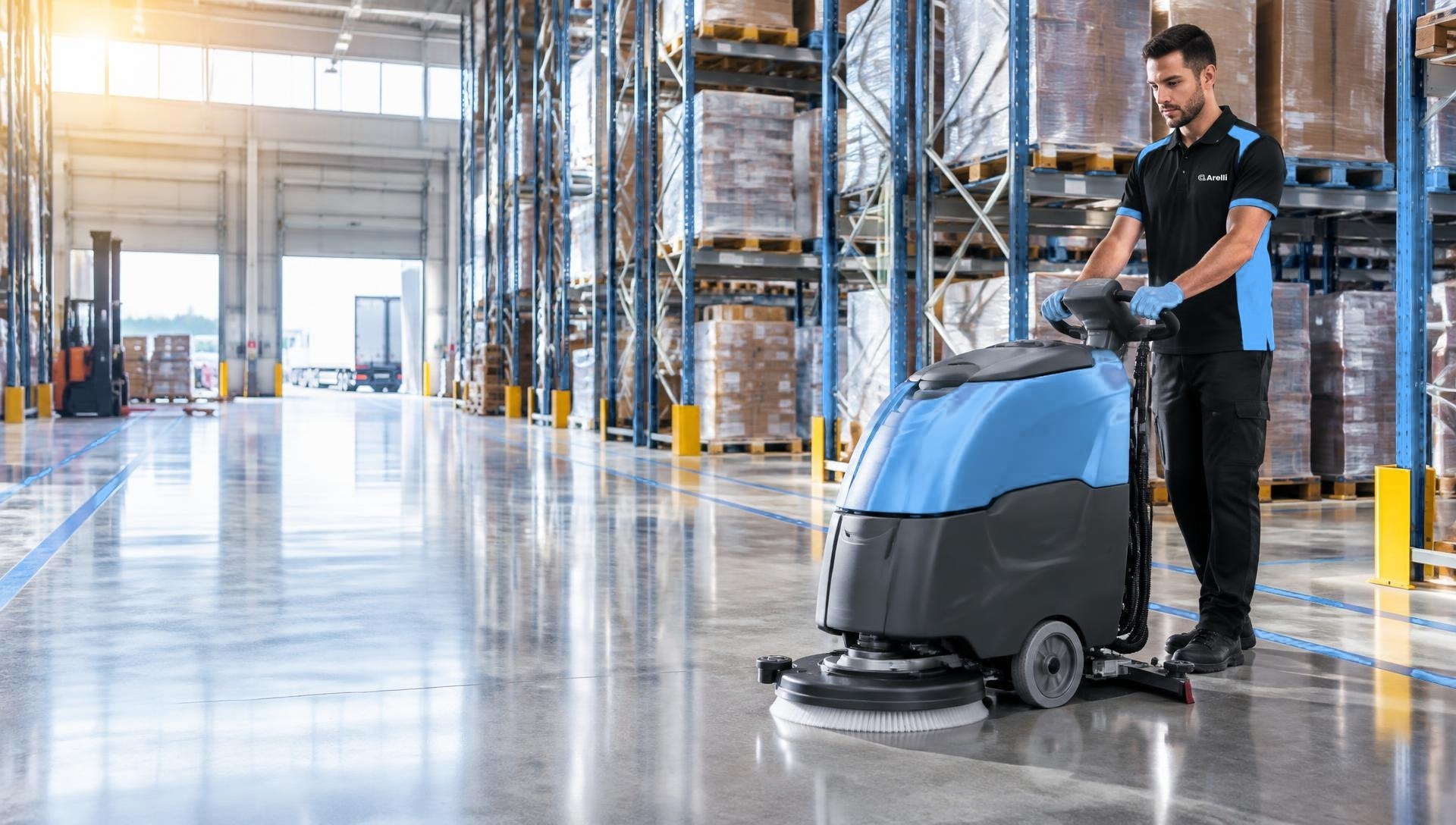 Arelli cleaner in a bright, spotless freight and logistics centers space