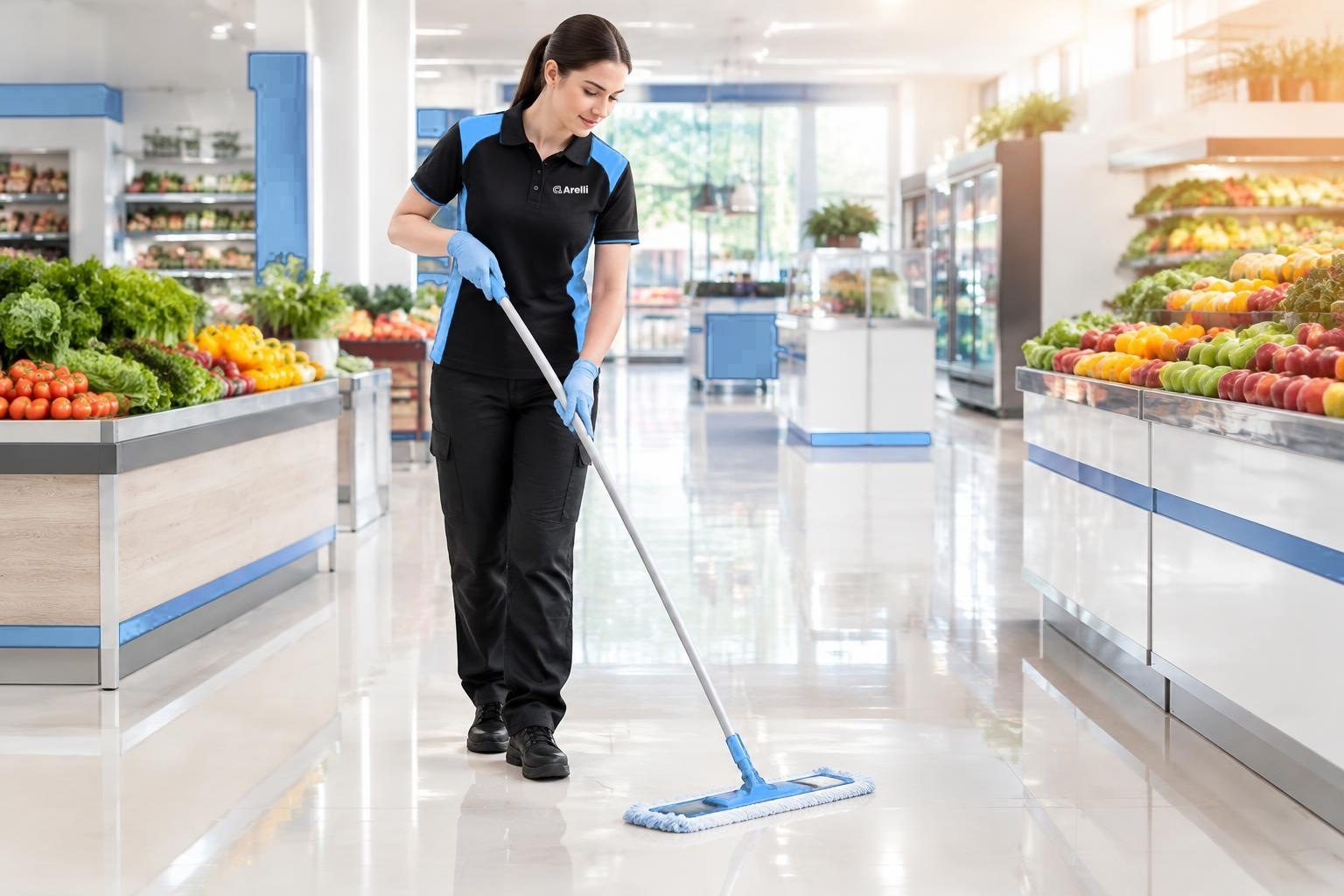 Arelli cleaner in a bright, spotless grocery stores & supermarkets space