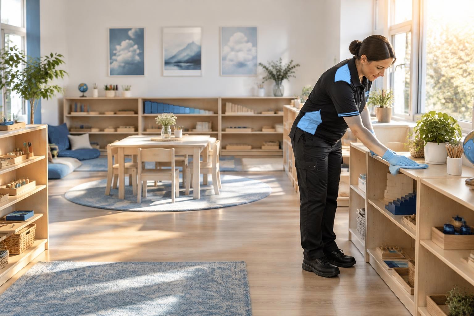 Arelli cleaner in a bright, spotless montessori schools space
