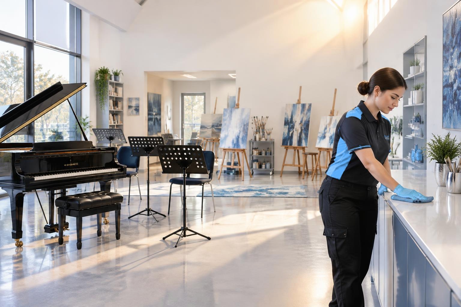 Arelli cleaner in a bright, spotless music schools & art studios space
