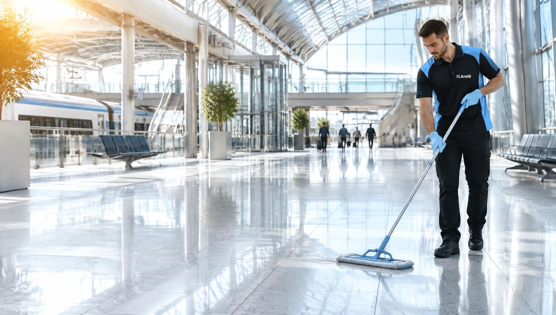 Arelli cleaner in a bright, spotless railway stations space